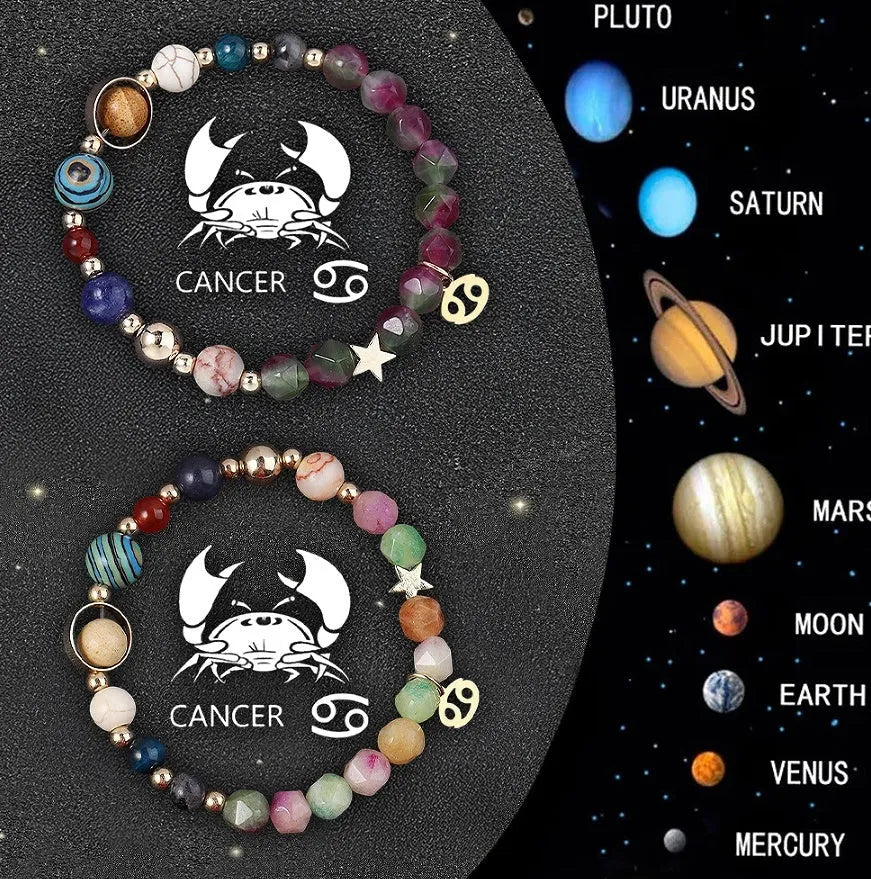 Twelve Zodiac Sign natural stone beaded bracelets showing adjustable designs for astrology jewellery