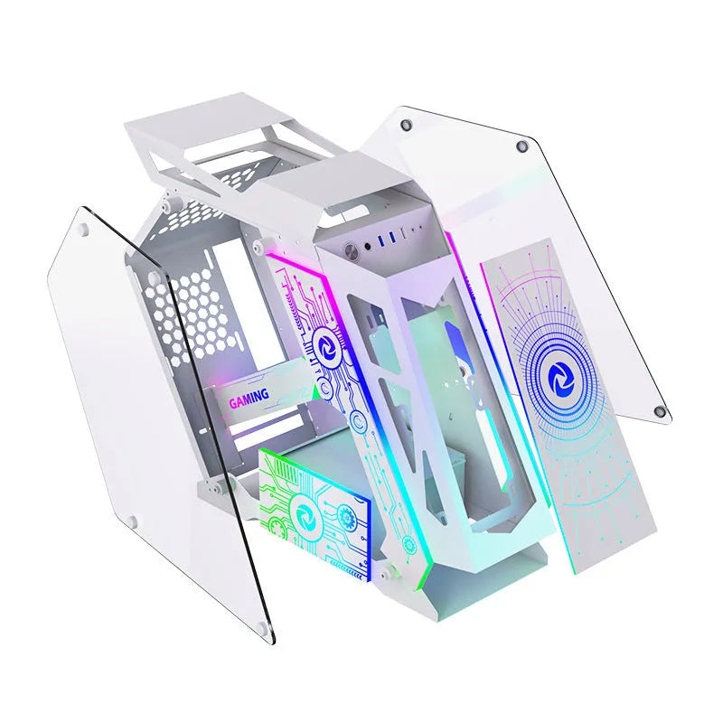 Table-type black bare metal PC chassis with six RGB fans lit up on a desk