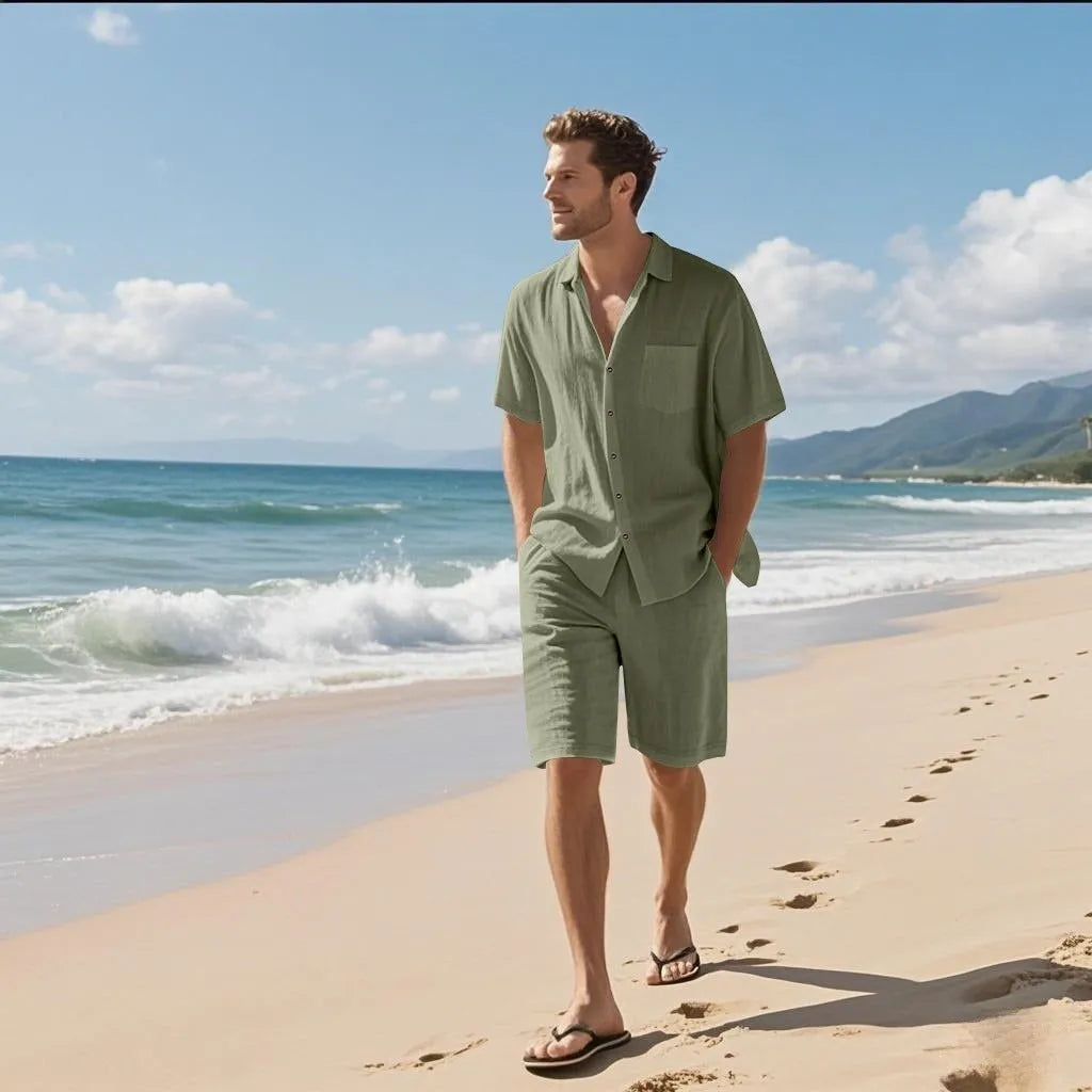 Men's linen blend short sleeve shirt and shorts set in light blue colour