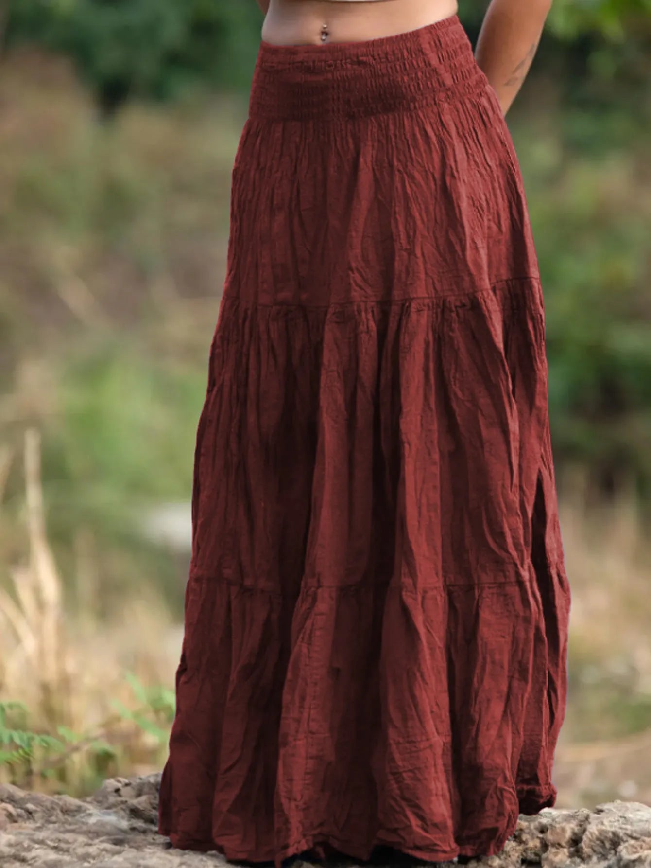 Women's waist smocking mid-length retro skirt in viscose fibre with folding detail, available in multiple colours and sizes