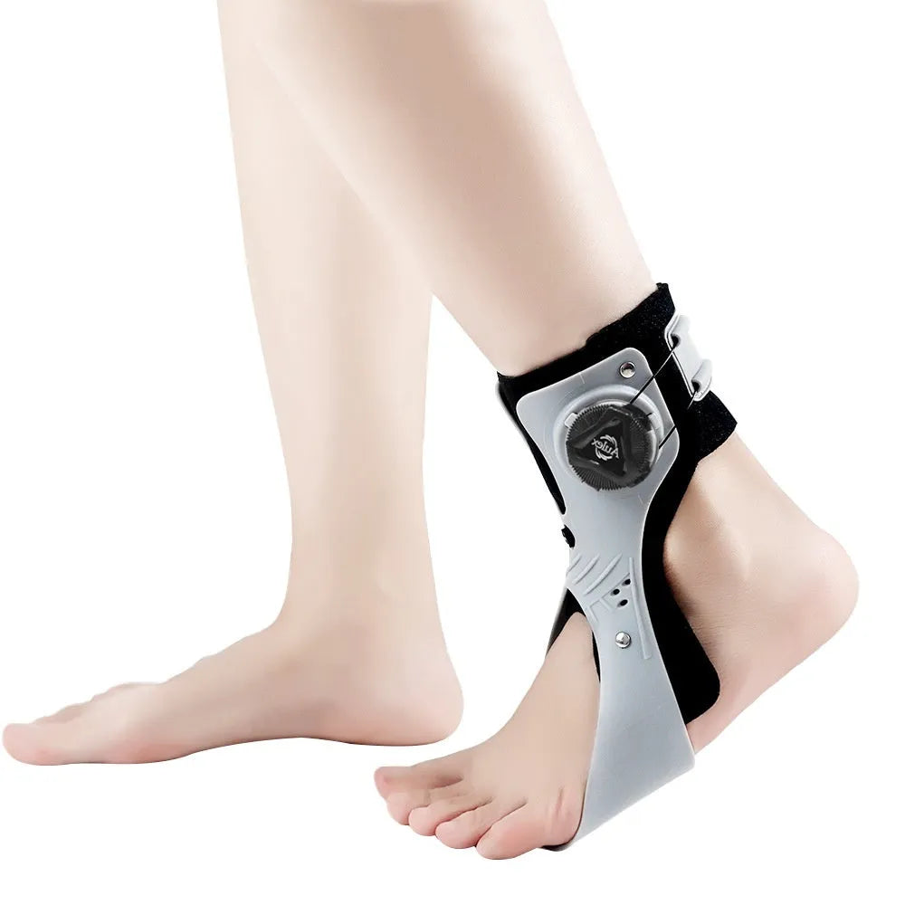 Grey and black airbag button ankle support brace for left or right foot, showing adjustable straps.