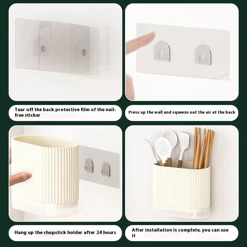 Plastic wall-mounted chopsticks basket with cross-border drain design in beige, dark green, or orange.