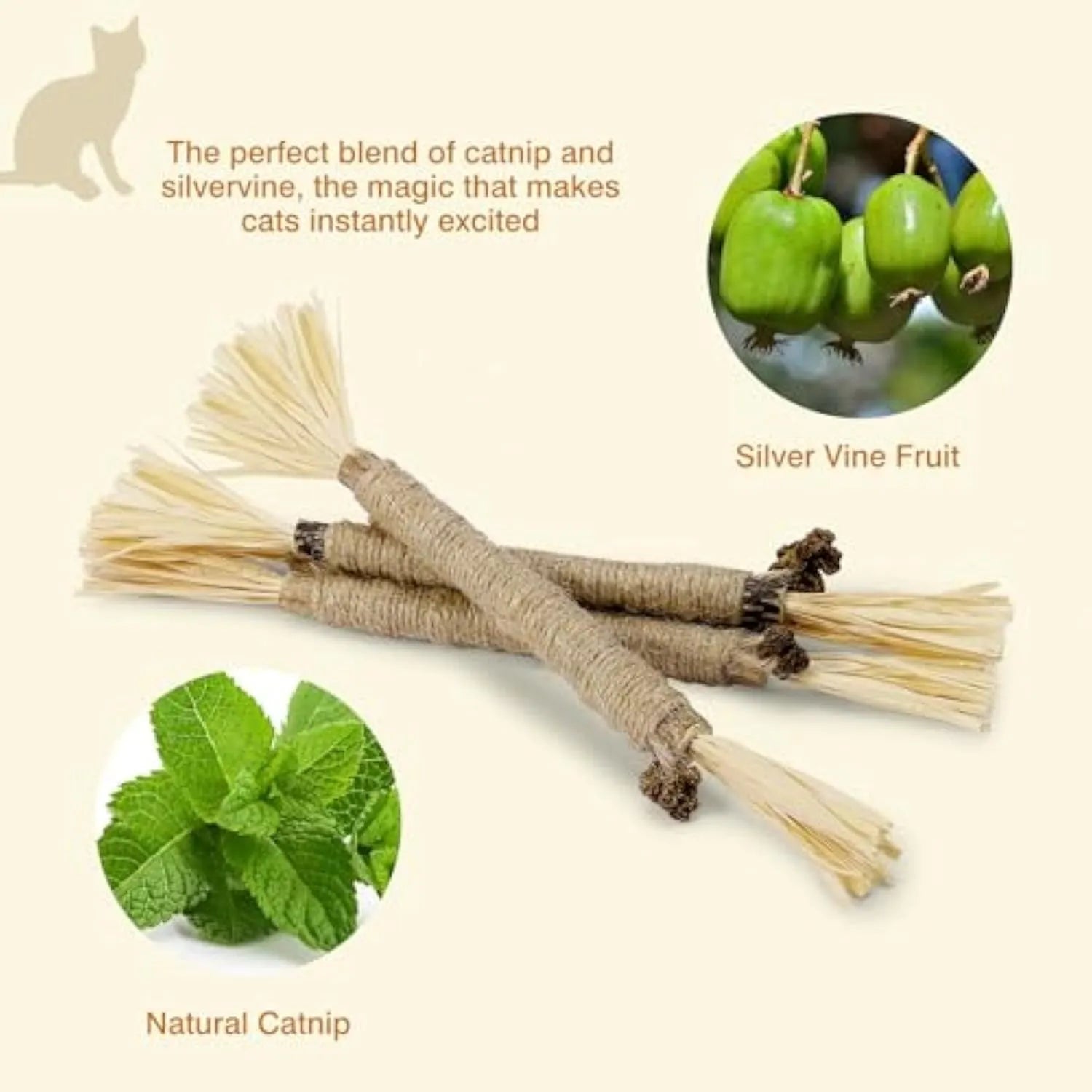 A 3 pack of natural silvervine chew sticks for cats on a wooden surface, showing thick and fine diameter options.
