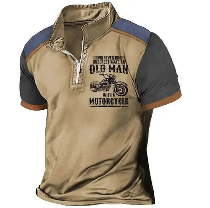 Men's casual polo shirt with a lapel collar and digital printed design on the front.