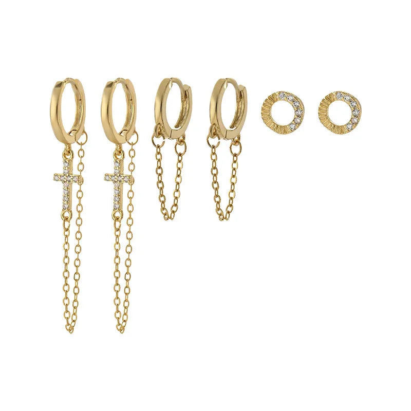 One Card Three Pairs Set Earrings for Women - Gold and Silver Copper Geometric Irregular Cross Ear Rings