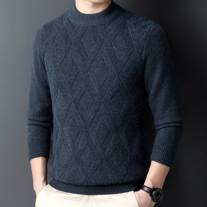 Men's diamond jacquard winter wool sweater in light camel colour, plus size thermal pullover