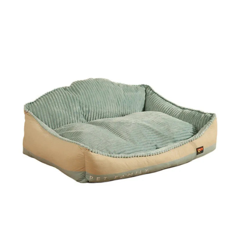 Morandi colour kennel-style dog mat cat bed with removable cover on a sofa, shown in two sizes.