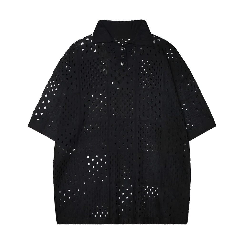 Men's loose-fitting black hollow knit short-sleeved polo shirt on a hanger, casual style.