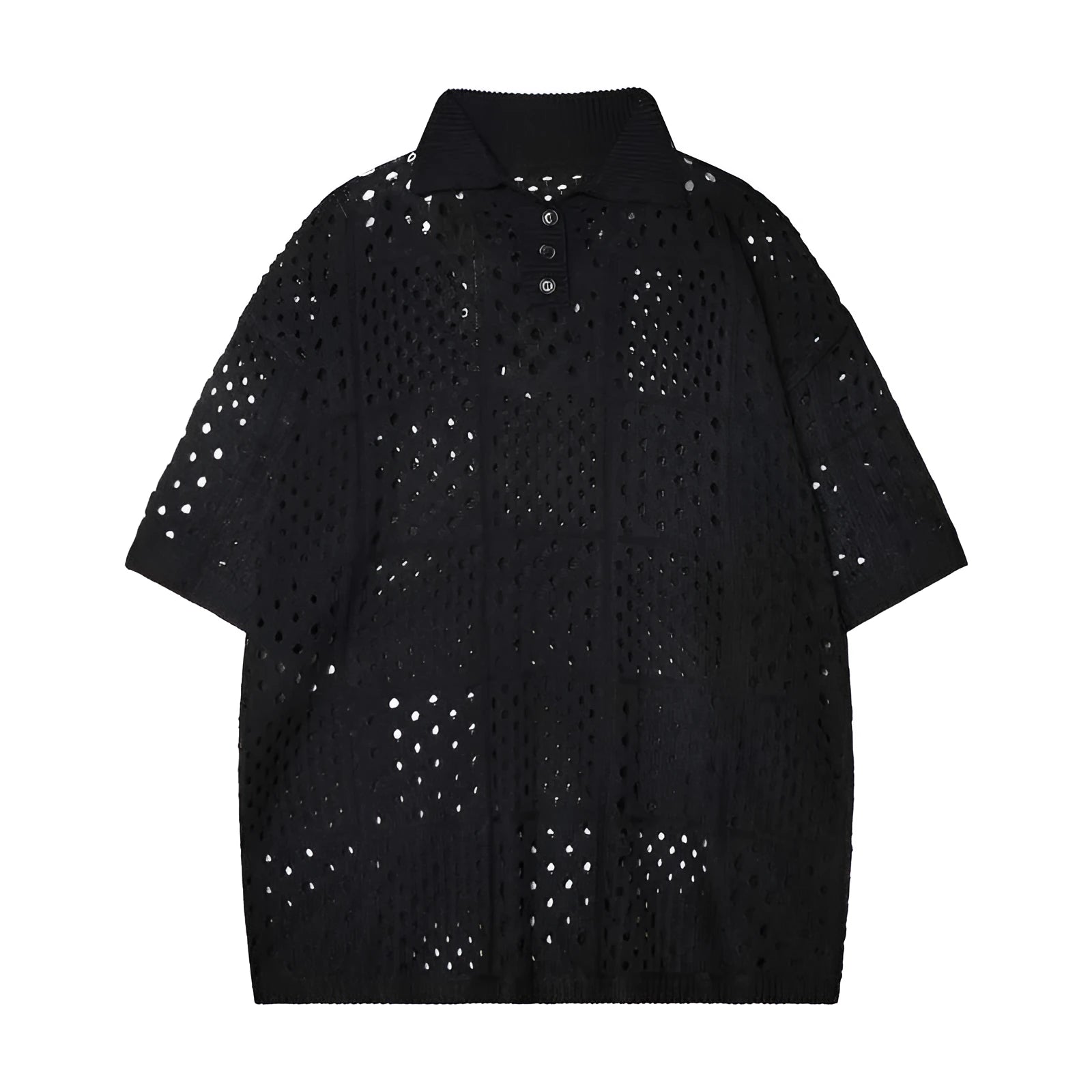 Men's loose-fitting black hollow knit short-sleeved polo shirt on a hanger, casual style.