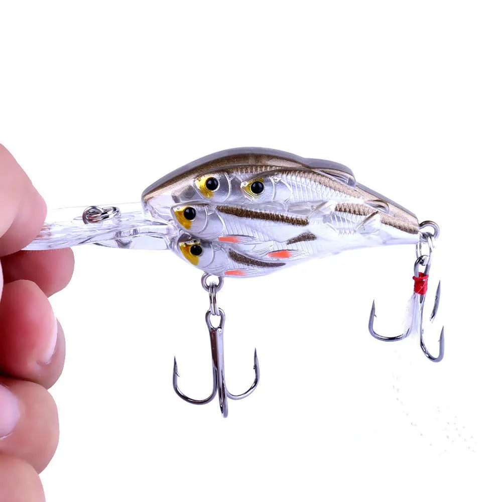 Floating hard bait fishing lure in 7.5cm 9g with feather hook, ABS plastic body, style 1 colour