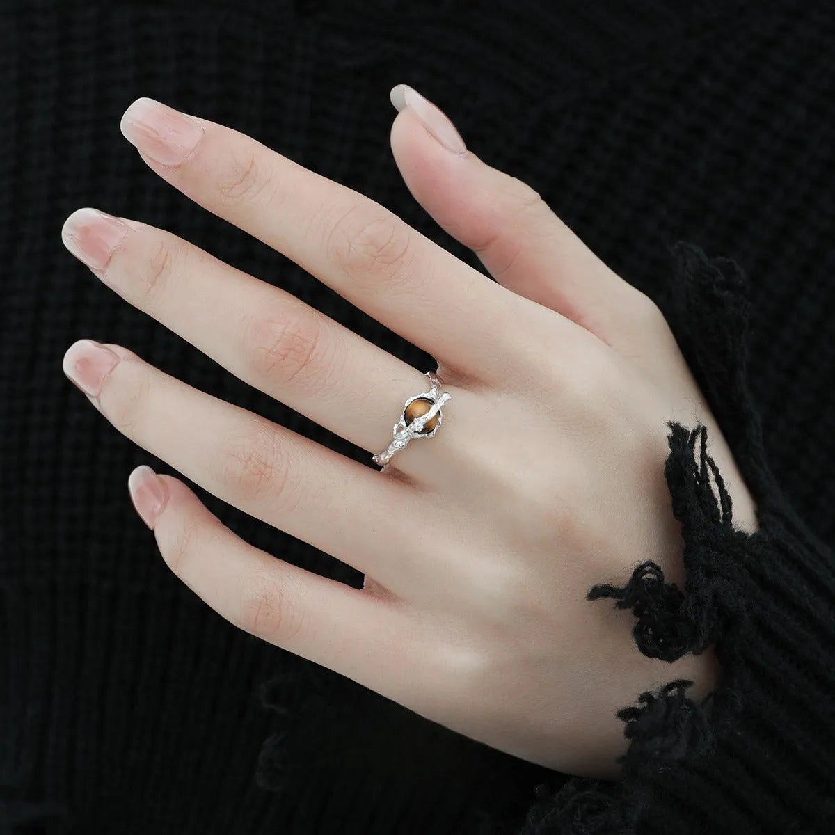 Adjustable opening Saturn ring in white gold colour electroplated silver with tigereye design