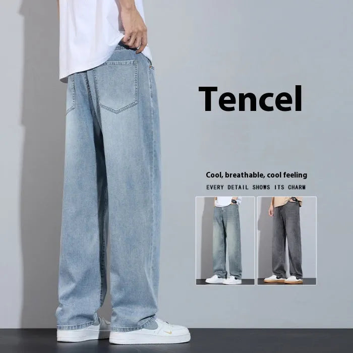 Straight-leg casual trousers in ice silk denim with wide-leg style and zip fly