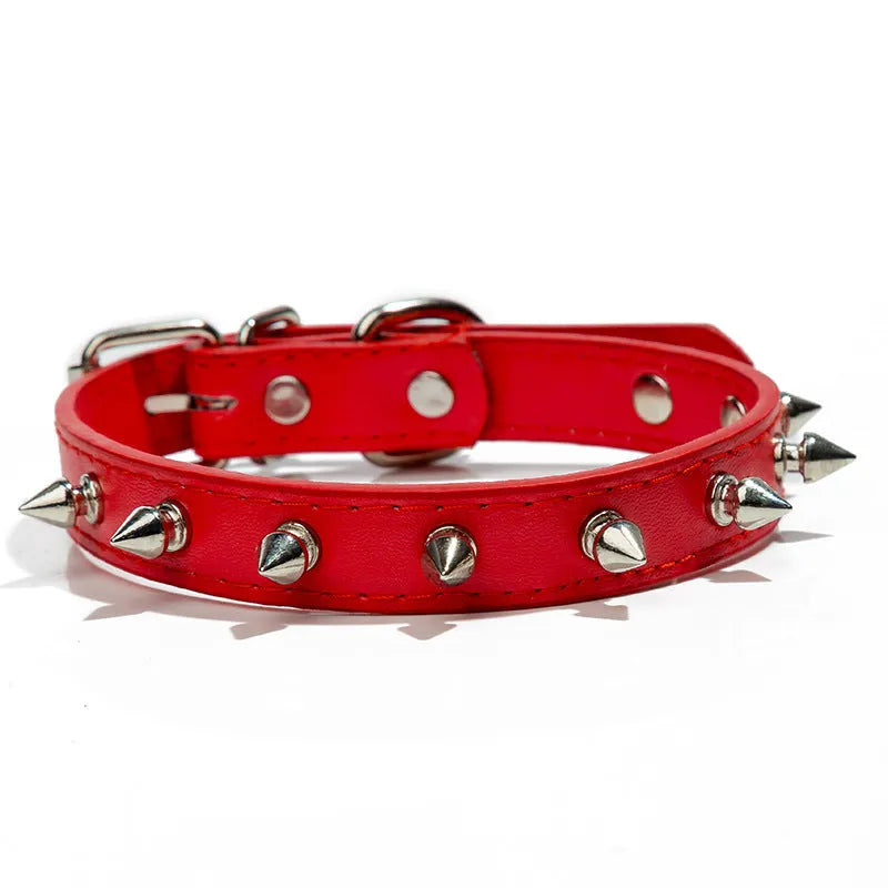 A spiked dog collar made of black PU leather with silver metal studs and an alloy buckle.