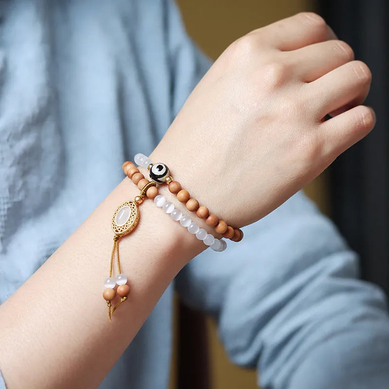 Sandalwood Opal double ring bracelet with Tibetan beads in Barbie sandalwood colour