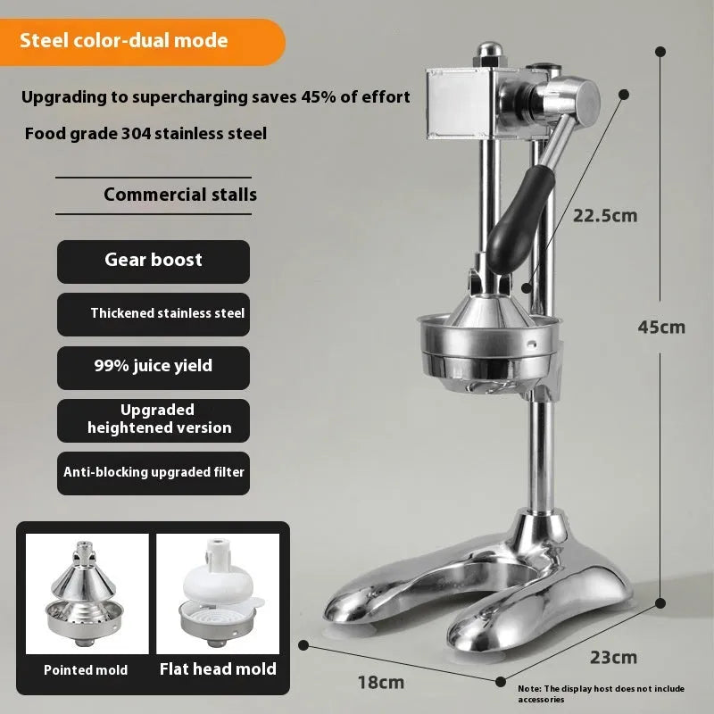 Vertical stainless steel manual juicer with three tip options: pointed head, flat head, and double head.