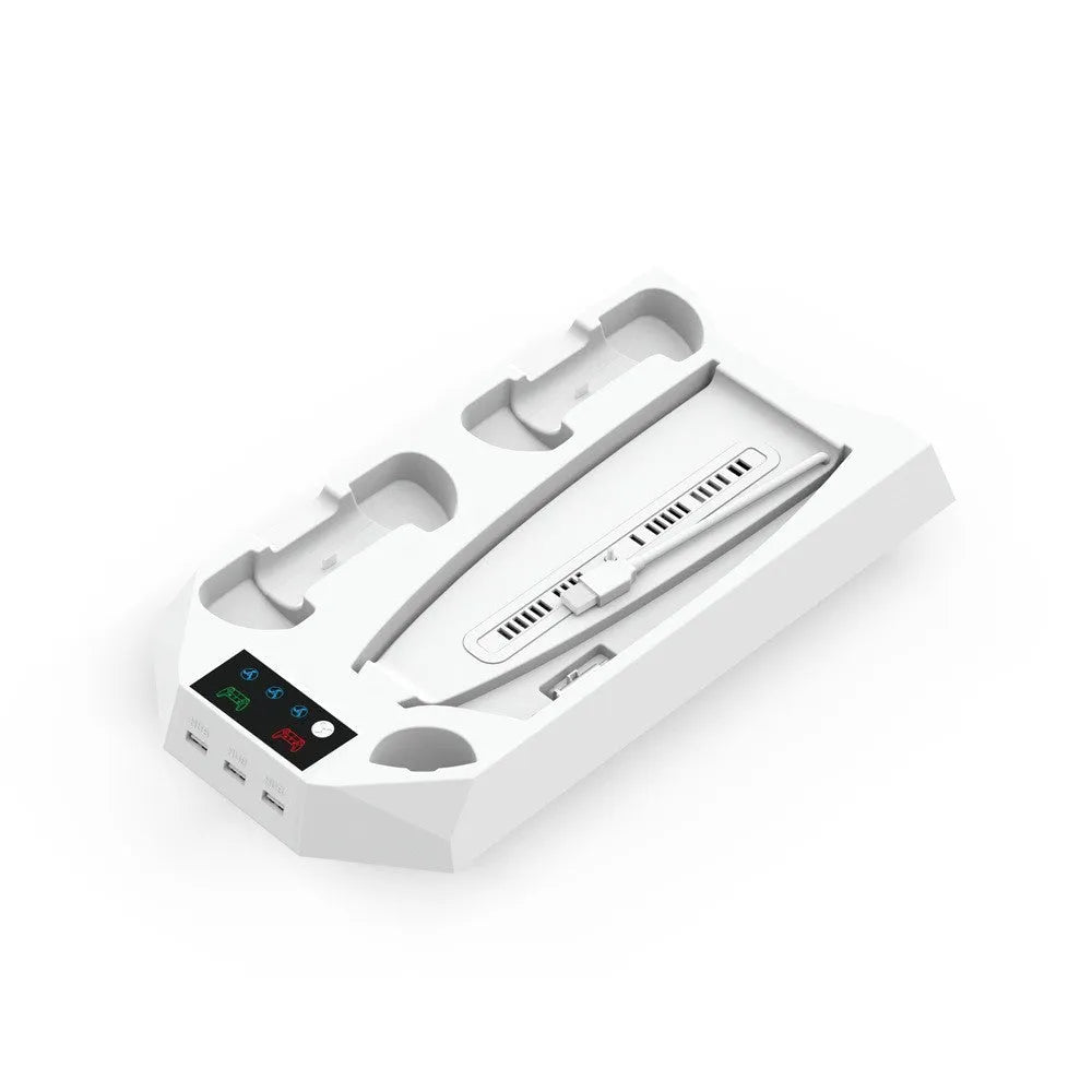White PS5 charging stand with console upright, DualSense handle docked, and headset on hook.