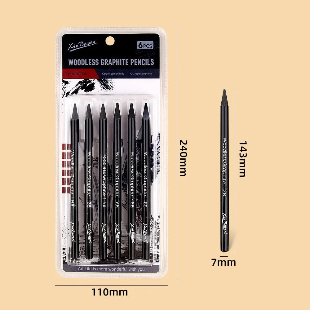 Graphite sketching pencil set with six art grades from HB to EE in wood-free construction