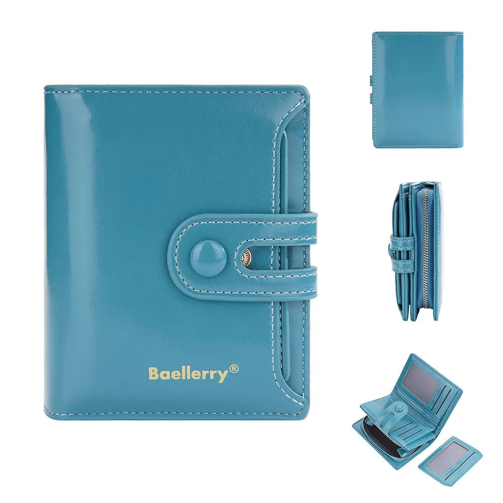 Women's PU leather card holder wallet shown in multiple colour options.