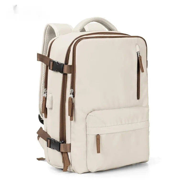 Large black nylon mummy-style travel backpack with a waterproof lining.