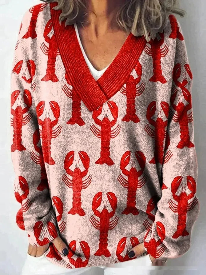 Women's floral pattern printed V-neck sweatshirt with 3D effect and long sleeves