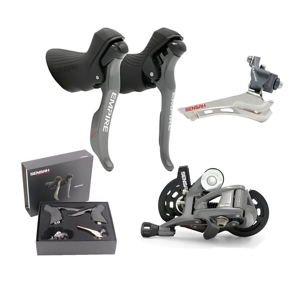 Road bike transmission kit showing aluminium alloy manual shifter, front derailleur and short-leg rear derailleur components
