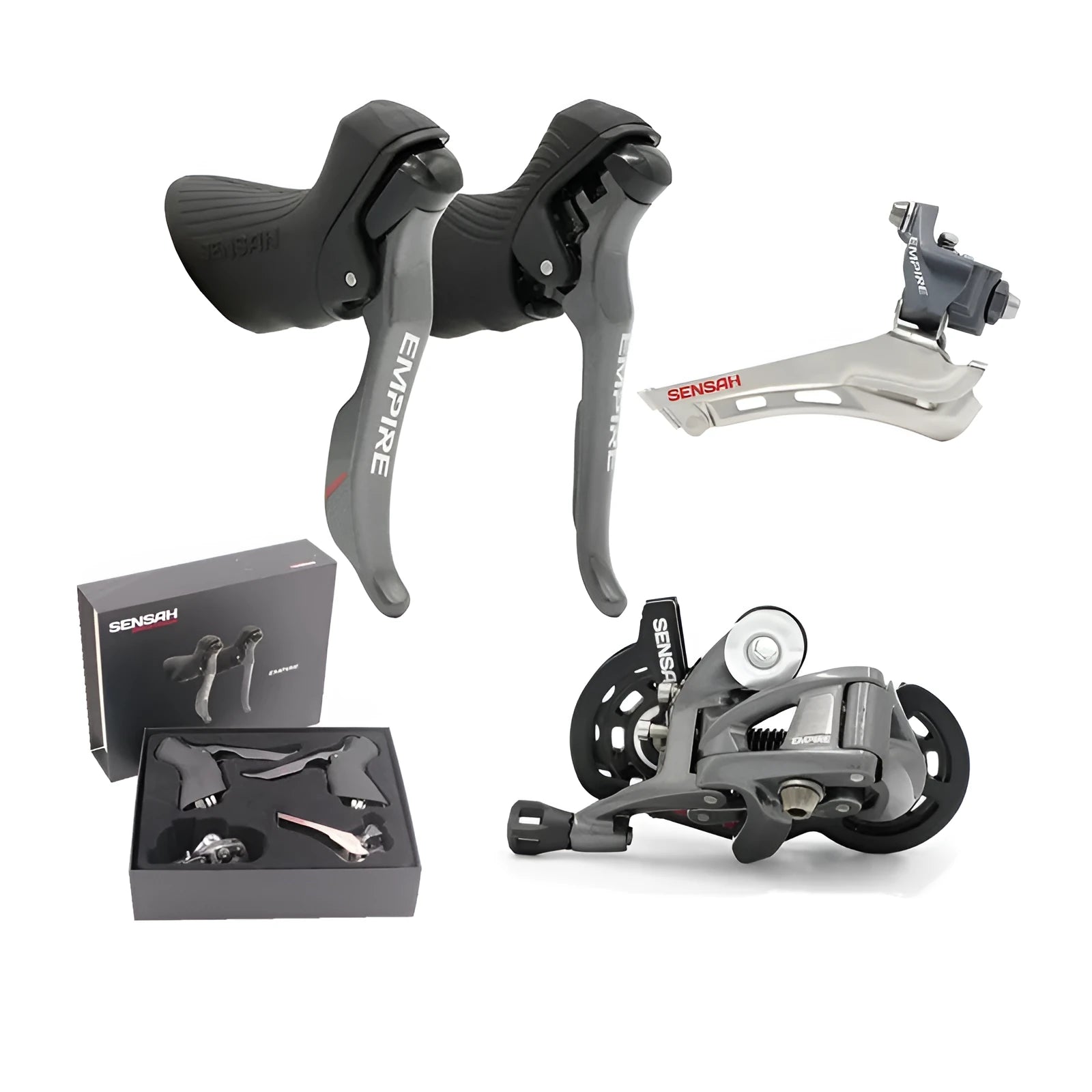 Road bike transmission kit showing aluminium alloy manual shifter, front derailleur and short-leg rear derailleur components