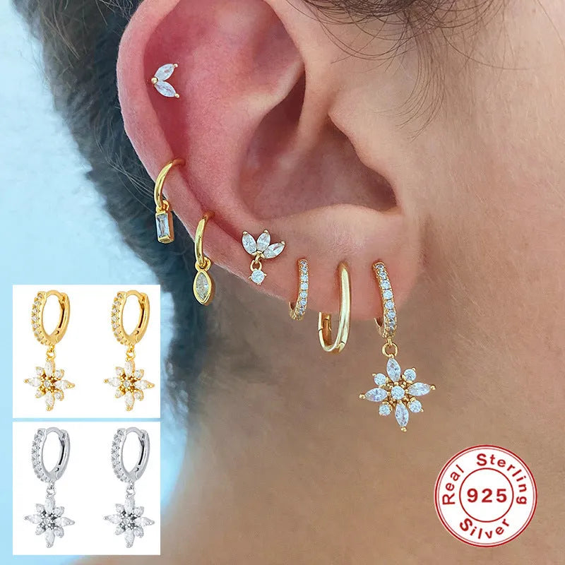 Sterling silver snowflake pendant earrings with geometric design in white gold or yellow gold colour