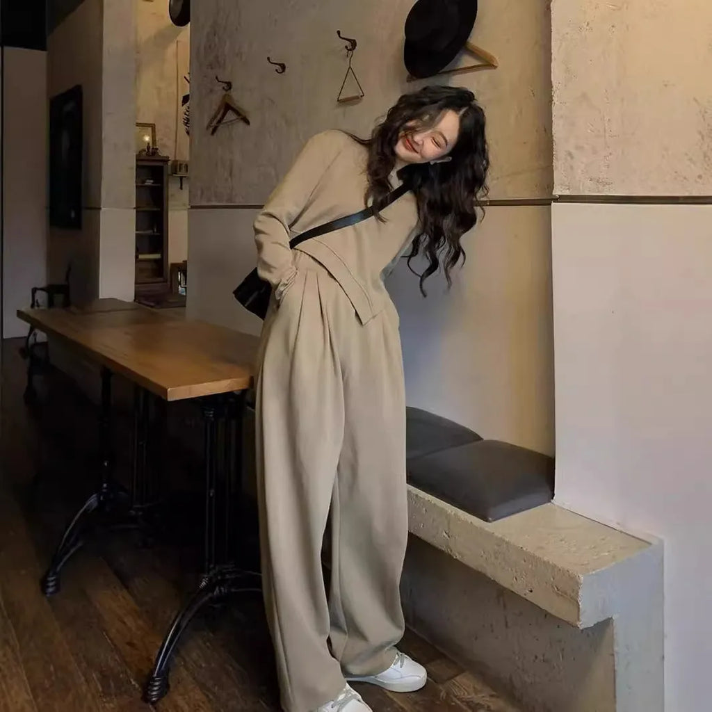 Women's casual sports suit set in khaki colour with top and trousers
