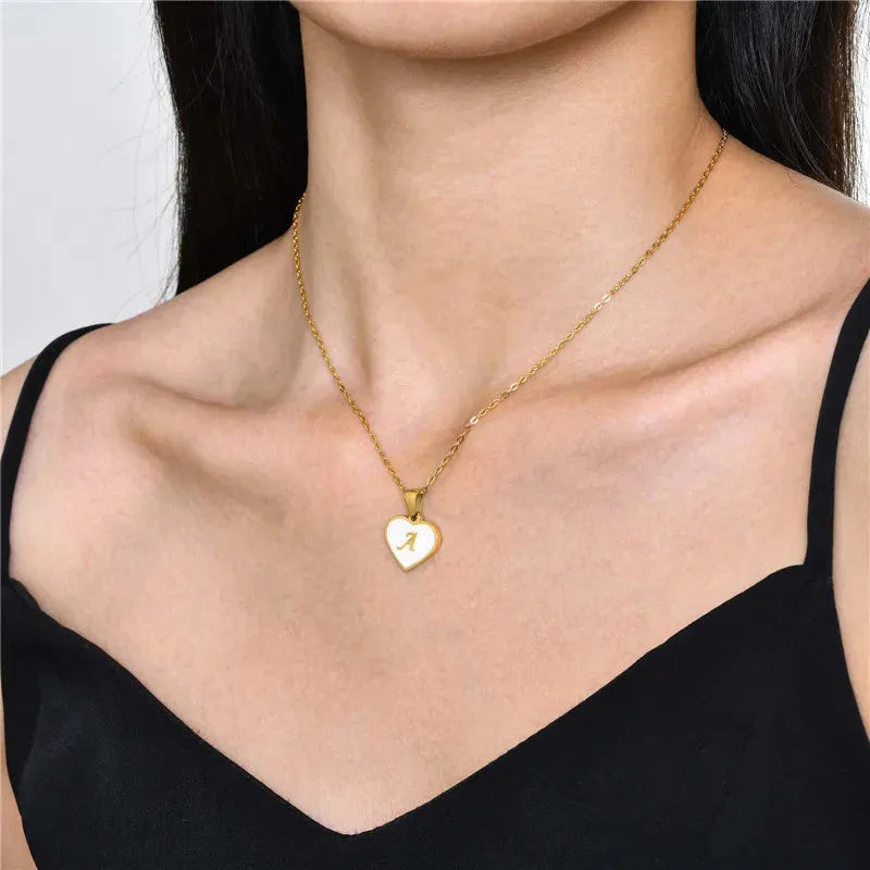 Gold plated personalised heart necklace with white shell on a 45cm chain