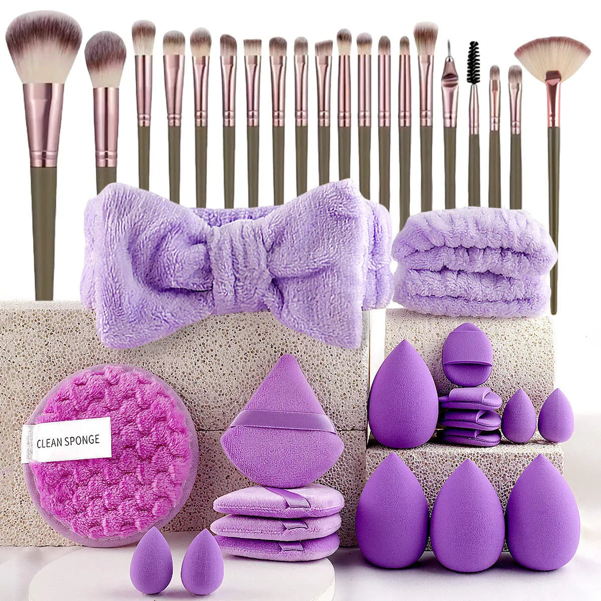 Beauty tool set with hydrophilic non-latex sponges in brown, pink and purple colour options