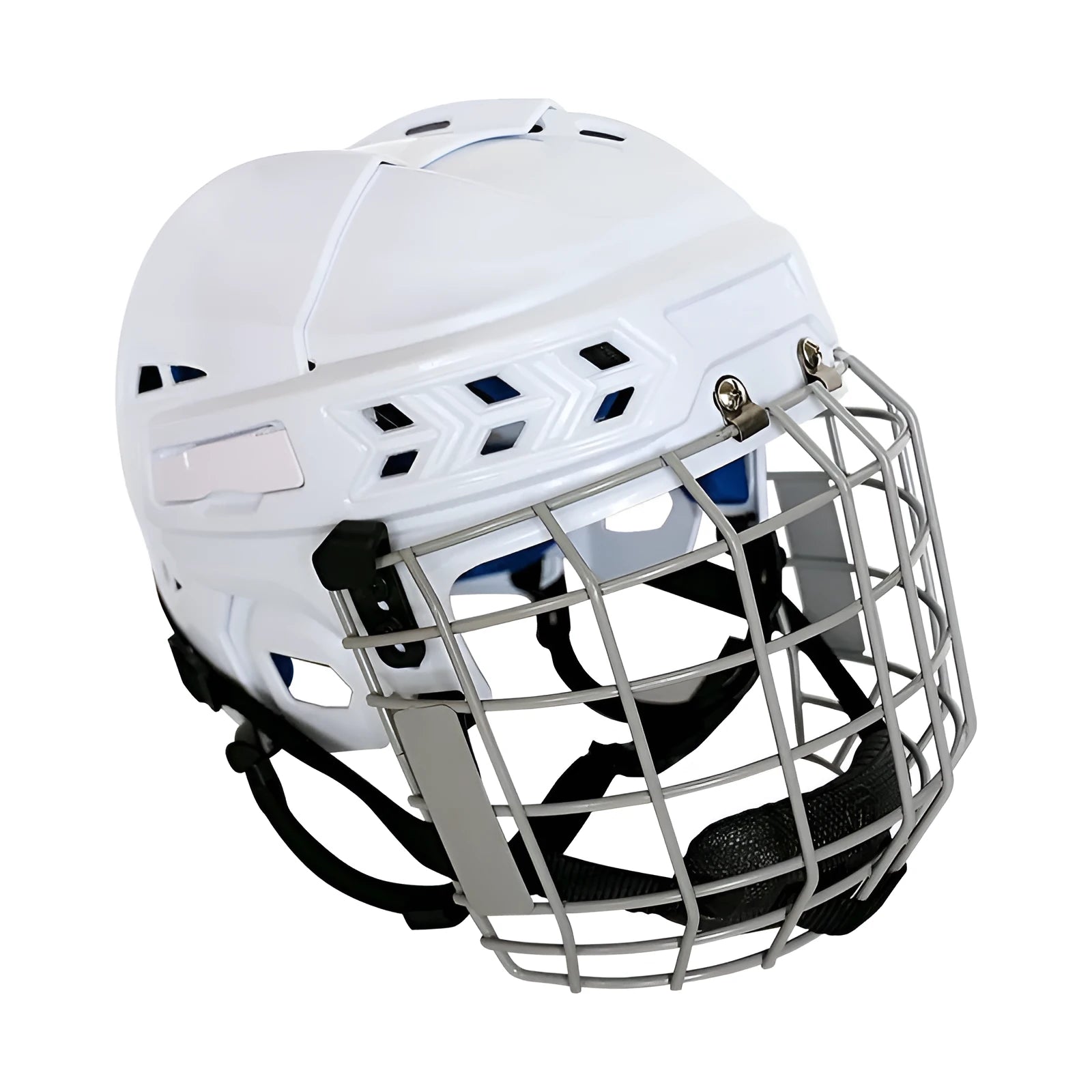Ice hockey helmet with carbon steel face mask on a white background, showing sizes S, M, L, XL.
