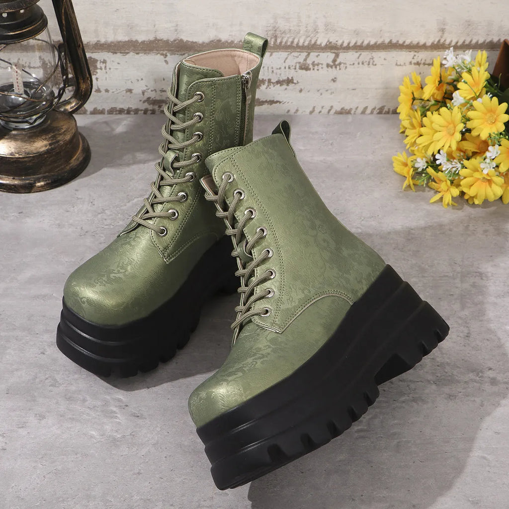 Women's black retro platform boots with chunky heel and side zipper