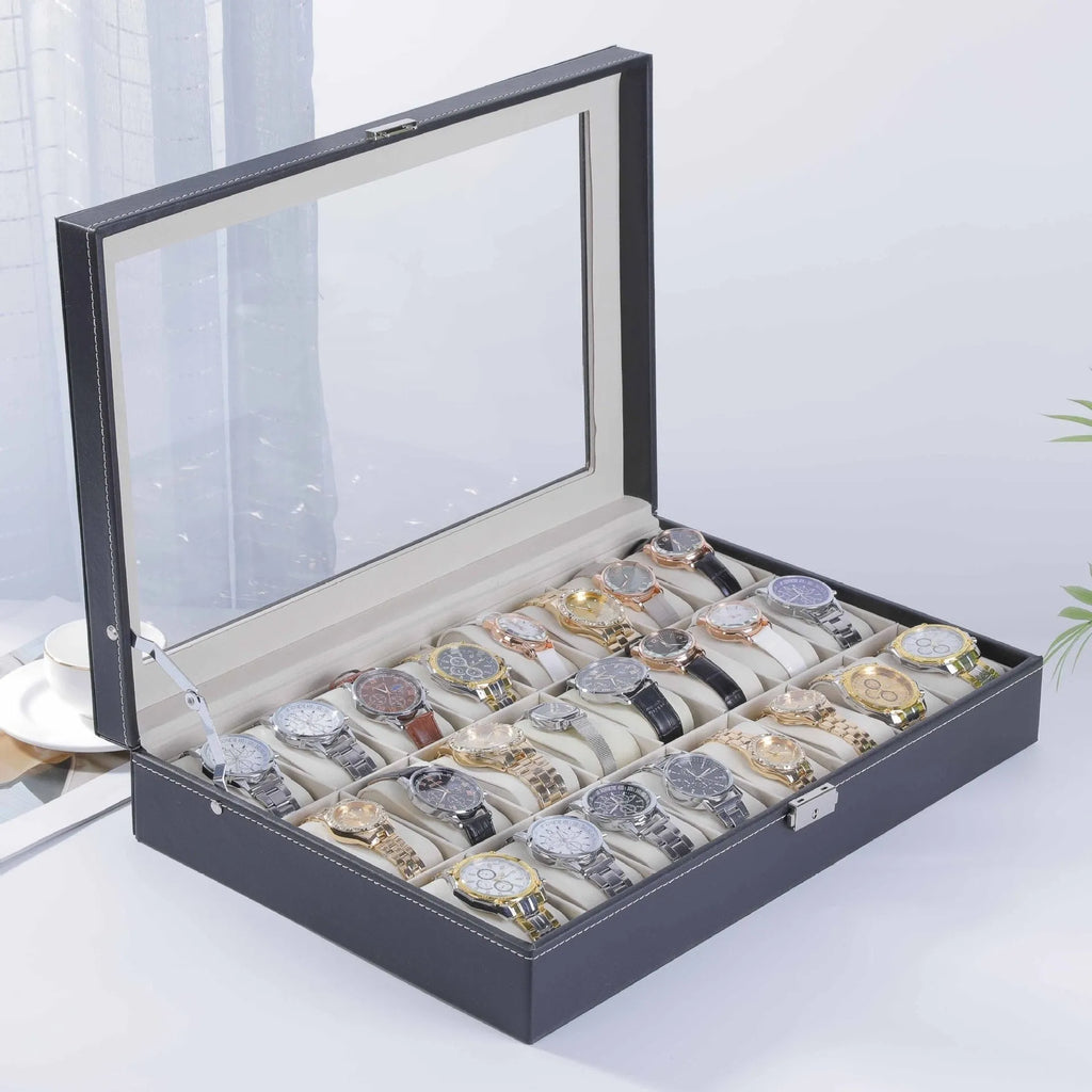 Grey high-grade leather watch storage box with see-through lid for dust protection.