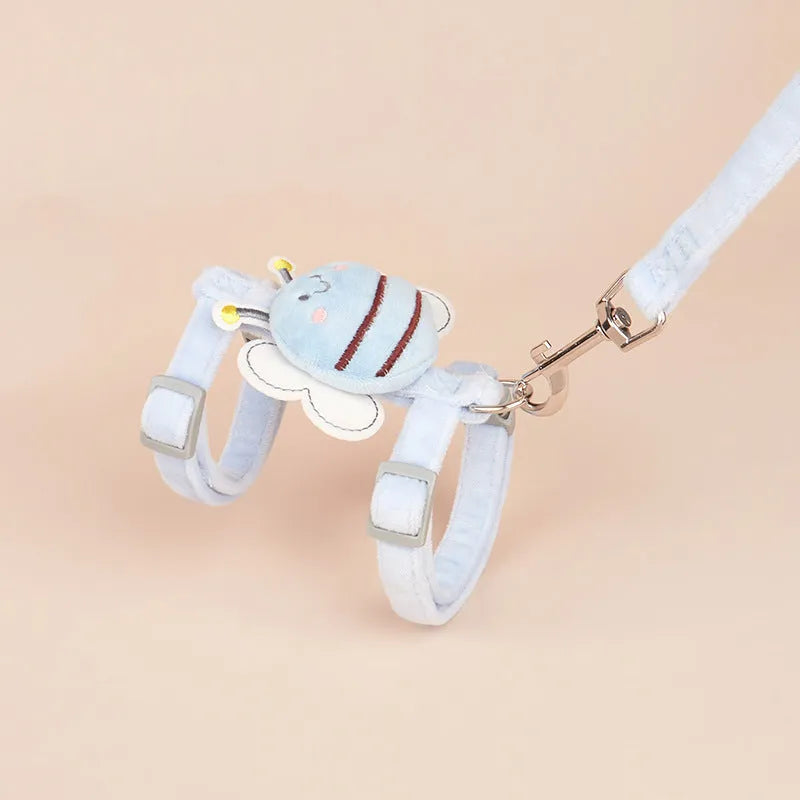 Bee-shaped cat harness and lead set in pink, yellow, and blue colours with adjustable strap