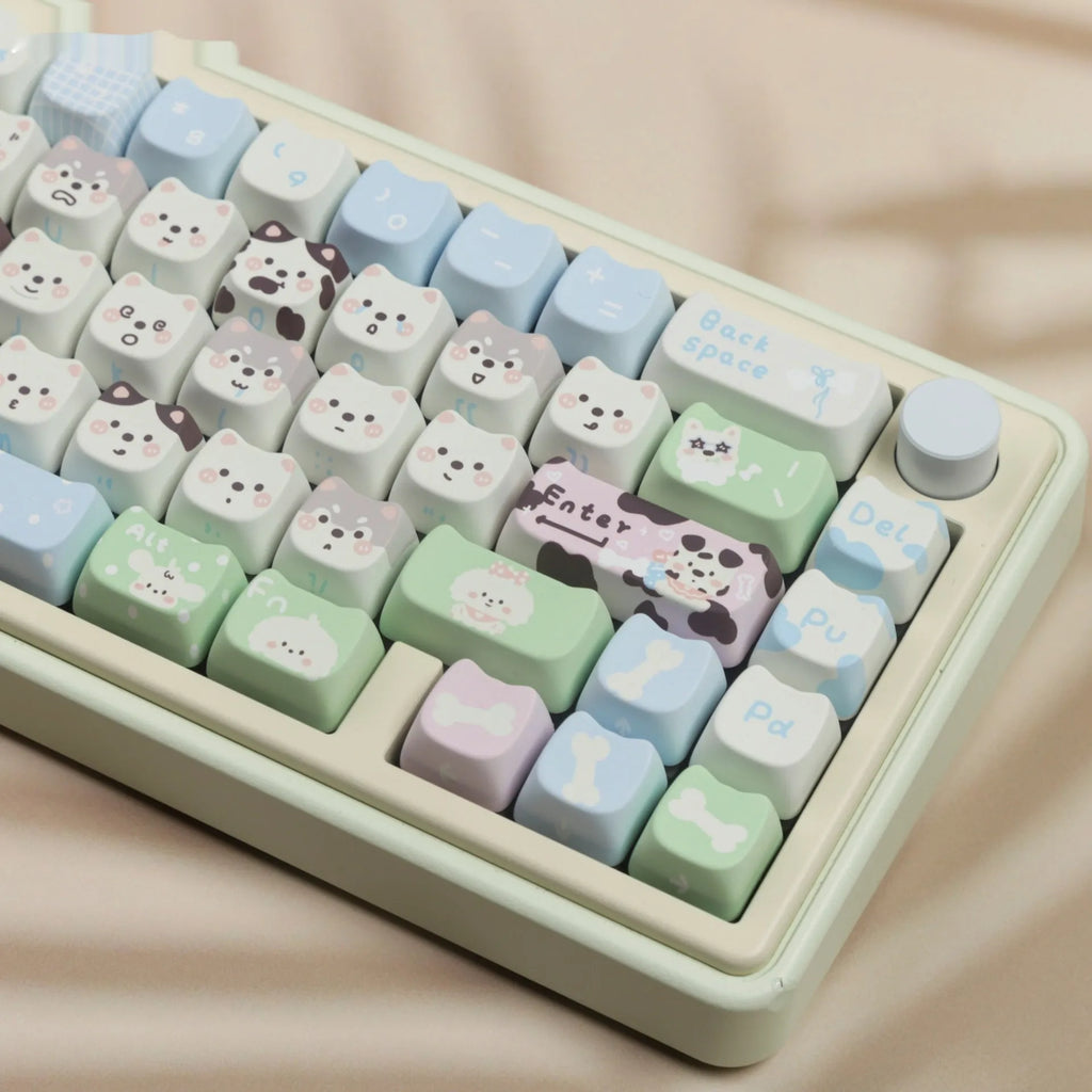 Full set of PBT plastic keycaps for mechanical keyboards with colourful sublimated cat and puppy animal designs.