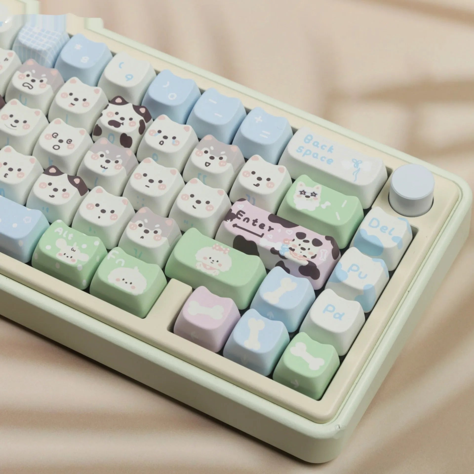 Full set of PBT plastic keycaps for mechanical keyboards with colourful sublimated cat and puppy animal designs.