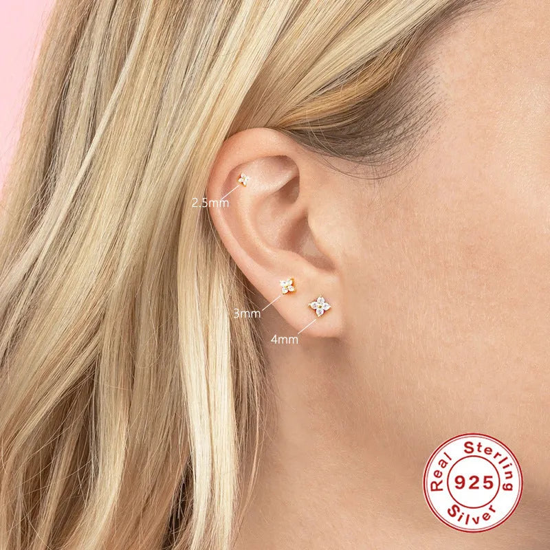 S925 sterling silver stud earrings with geometric crystal petal flowers in gold or platinum plating