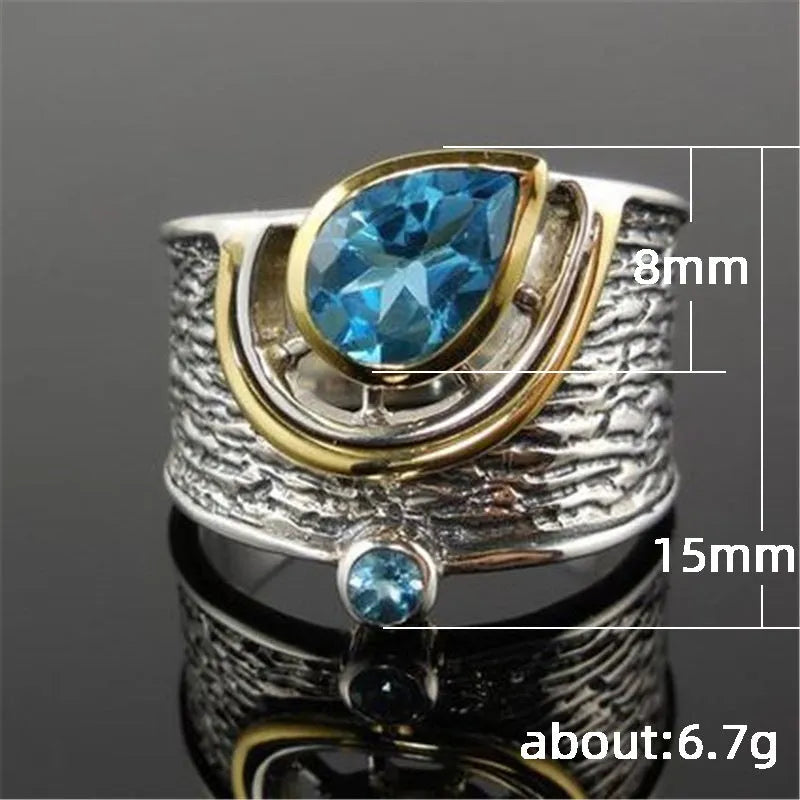 Blue Chinese-style women's ring with rhinestone detailing in drop shape, available in sizes 6 to 10.
