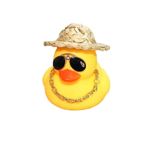 Yellow cartoon duck car ornament with straw hat and adhesive mounting kit