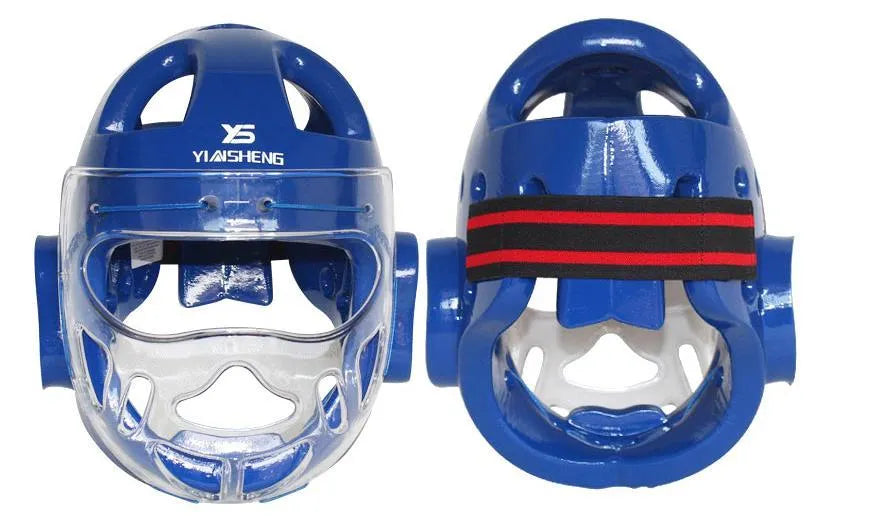 Karate boxing helmet head protection equipment in white, blue, or red colours