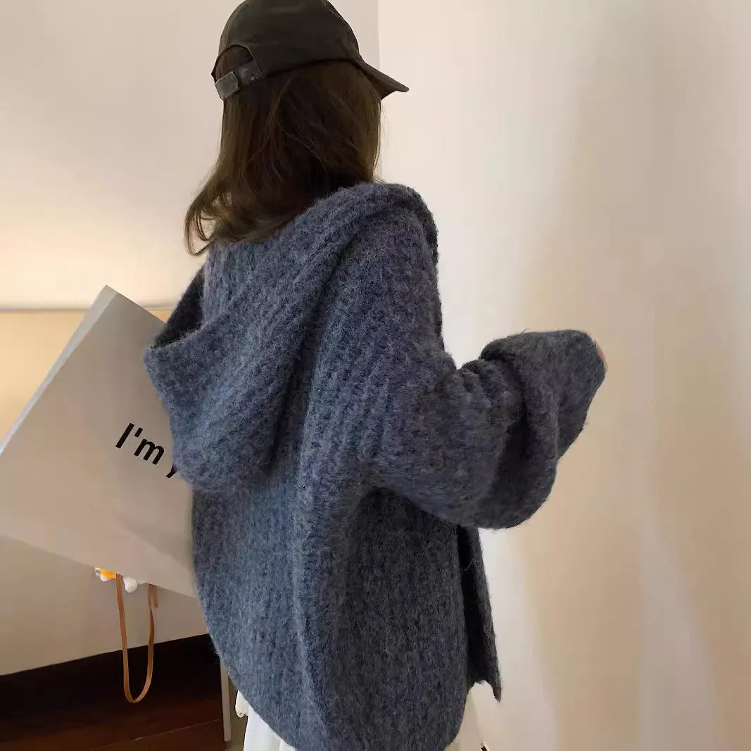 Women's loose fit hooded cardigan in thick acrylic fabric, shown in brown, dark grey, and milky white colour options
