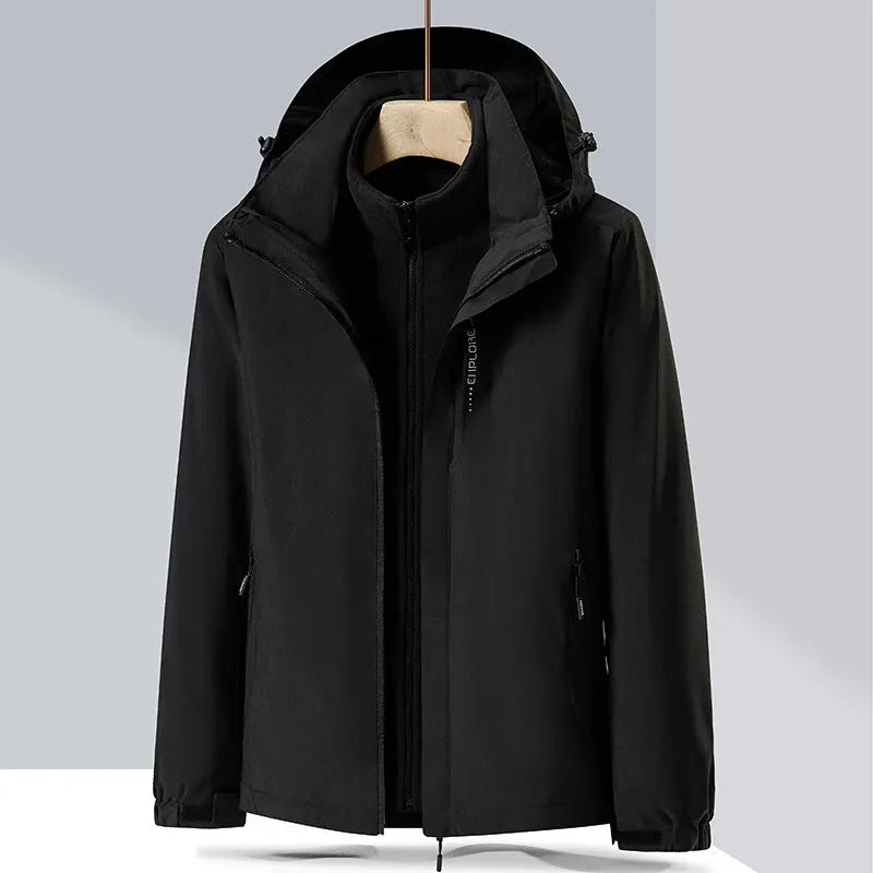 Men's black waterproof mountaineering suit with removable jacket and fleece lining
