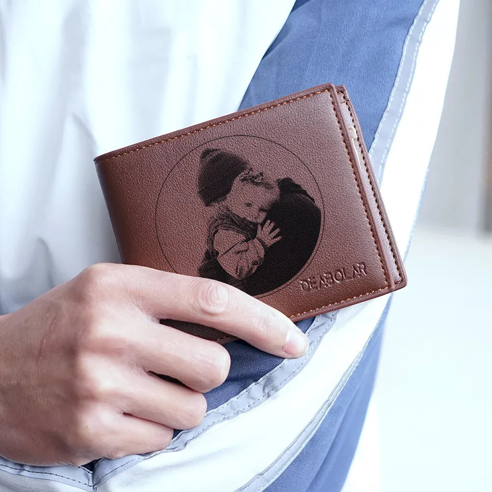 Men's leather wallet with zipper closure, individually packaged for gifting