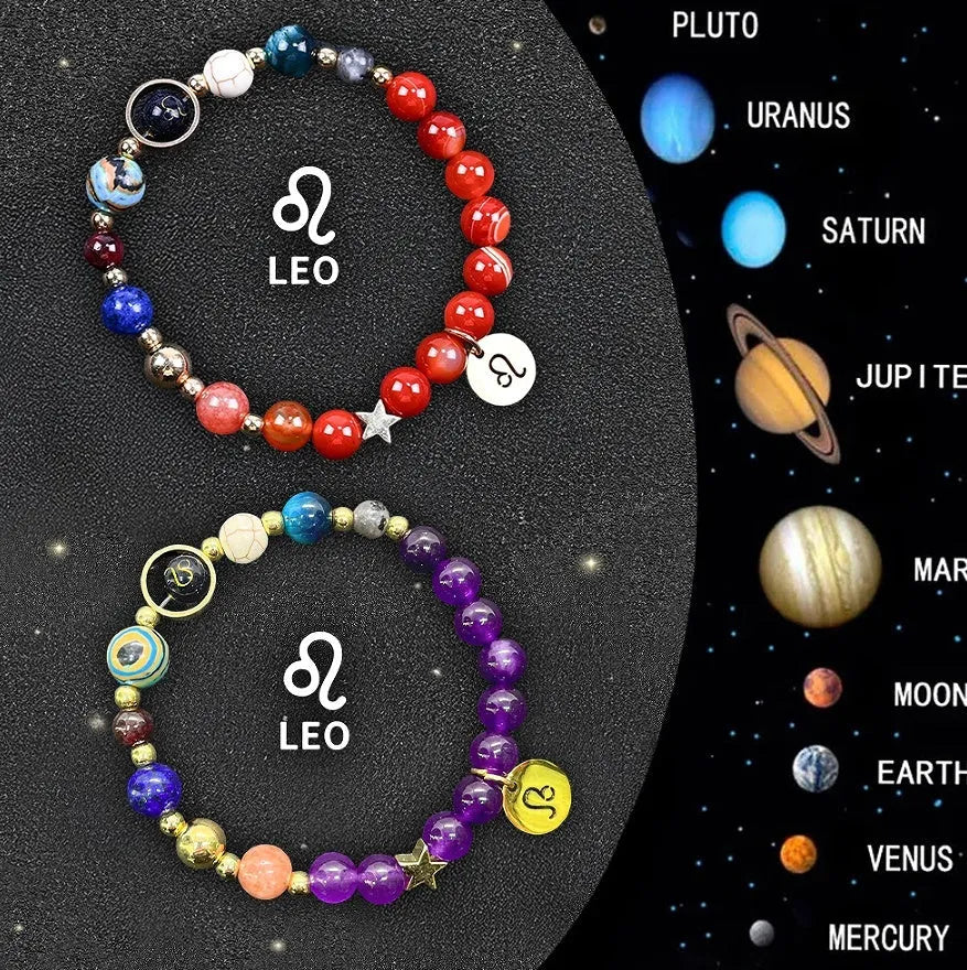 Set of two natural stone beaded bracelets on a wrist, each with different beads representing zodiac signs.