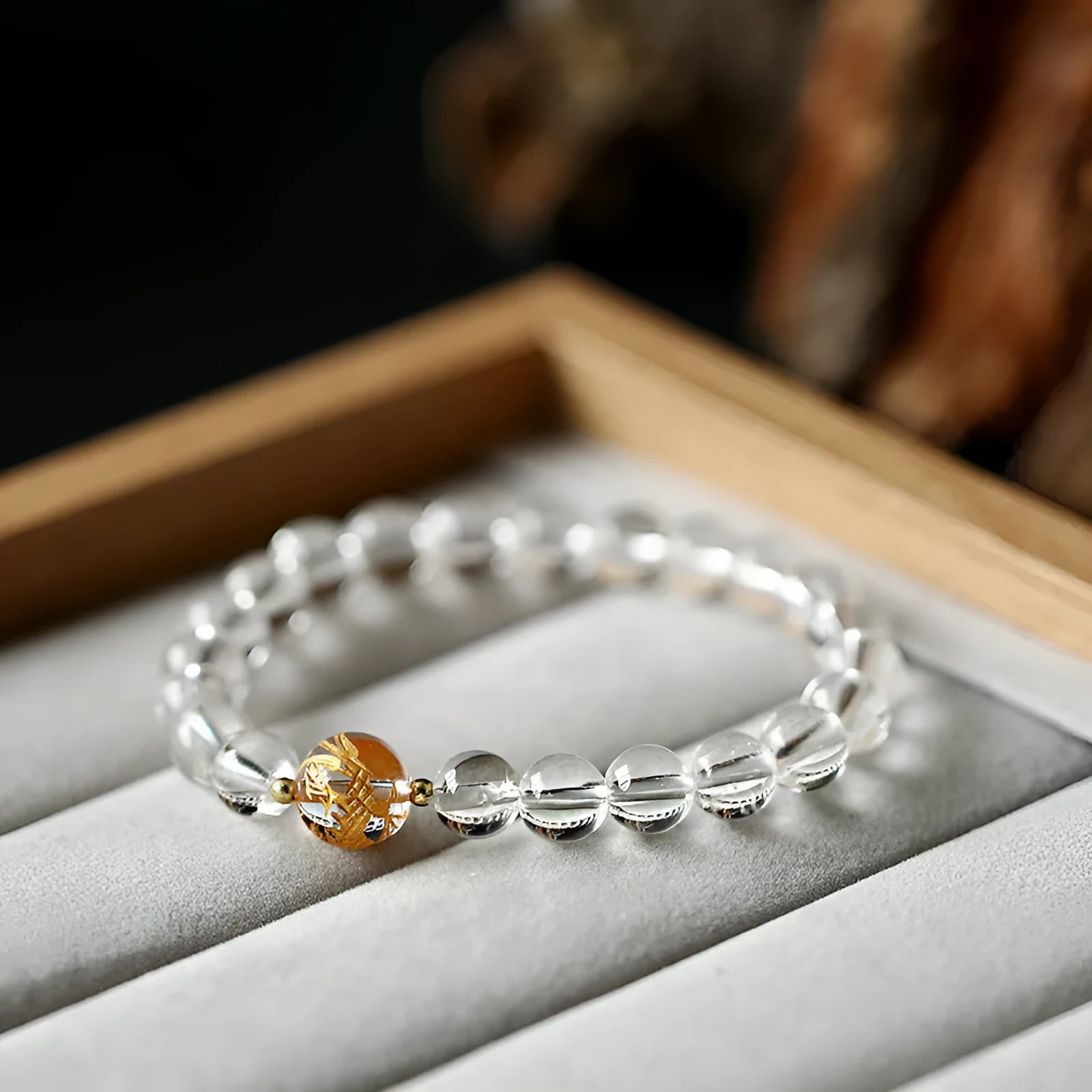 Geometric obsidian white crystal bracelet with black agate beads and adjustable 14-16 cm fit