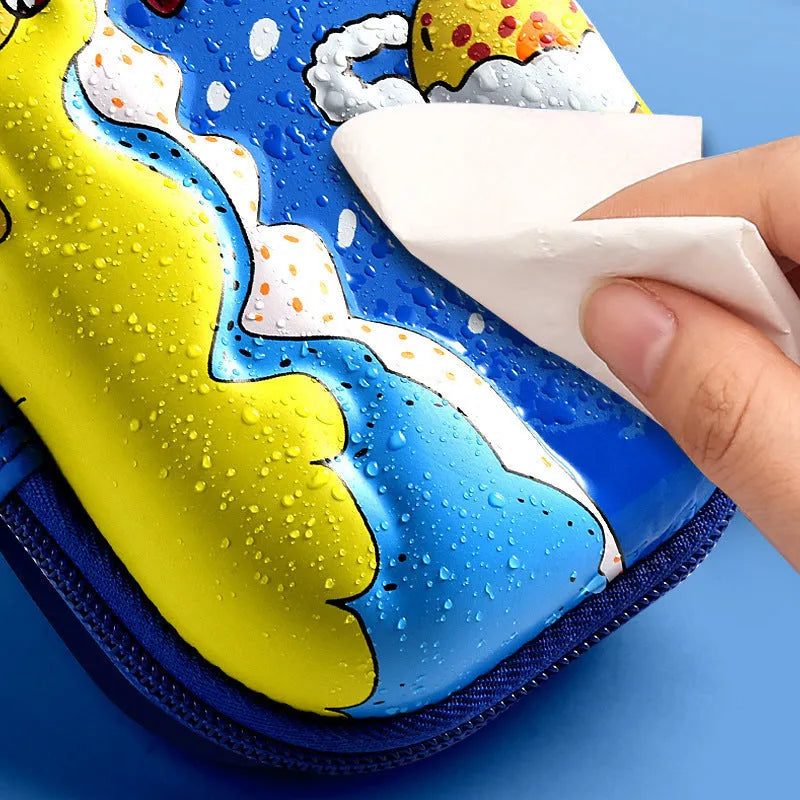 3D leather pencil case with embossed holographic character design showing textured surface detail