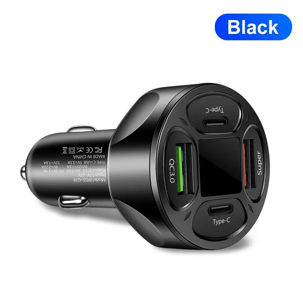 66W digital display car charger with two USB and two Type-C ports showing compact black design