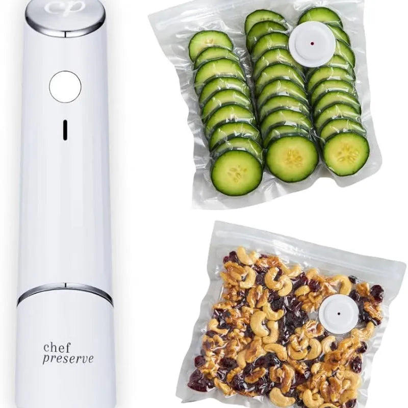 White USB electric suction pump with five 26x28cm vacuum food storage bags for kitchen preservation