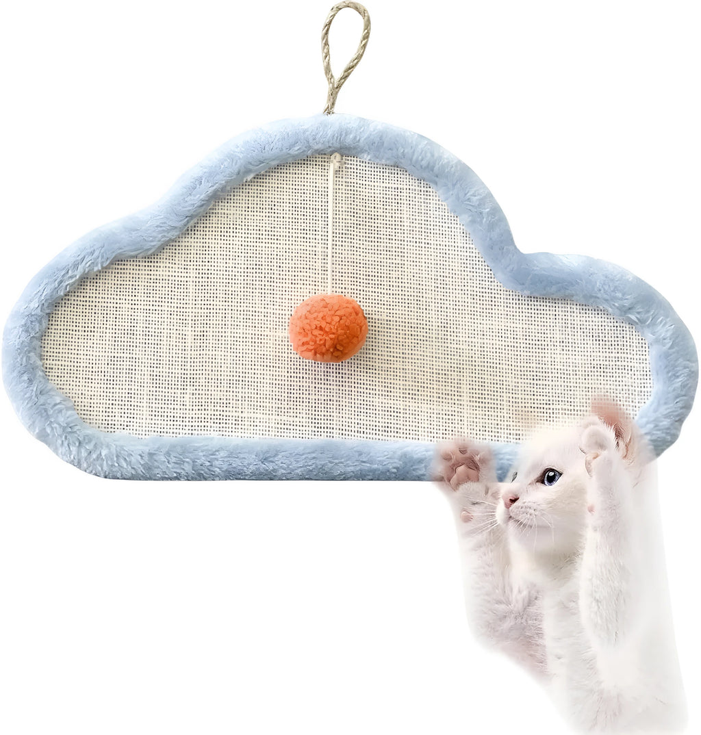 White wall-mounted cat scratching mat with a cartoon sleeping cat design, made from natural sisal.