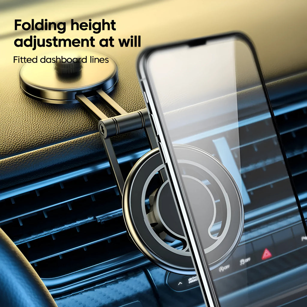 Telescopic folding car phone holder with magnetic suction for instrument panel mounting in black or silver